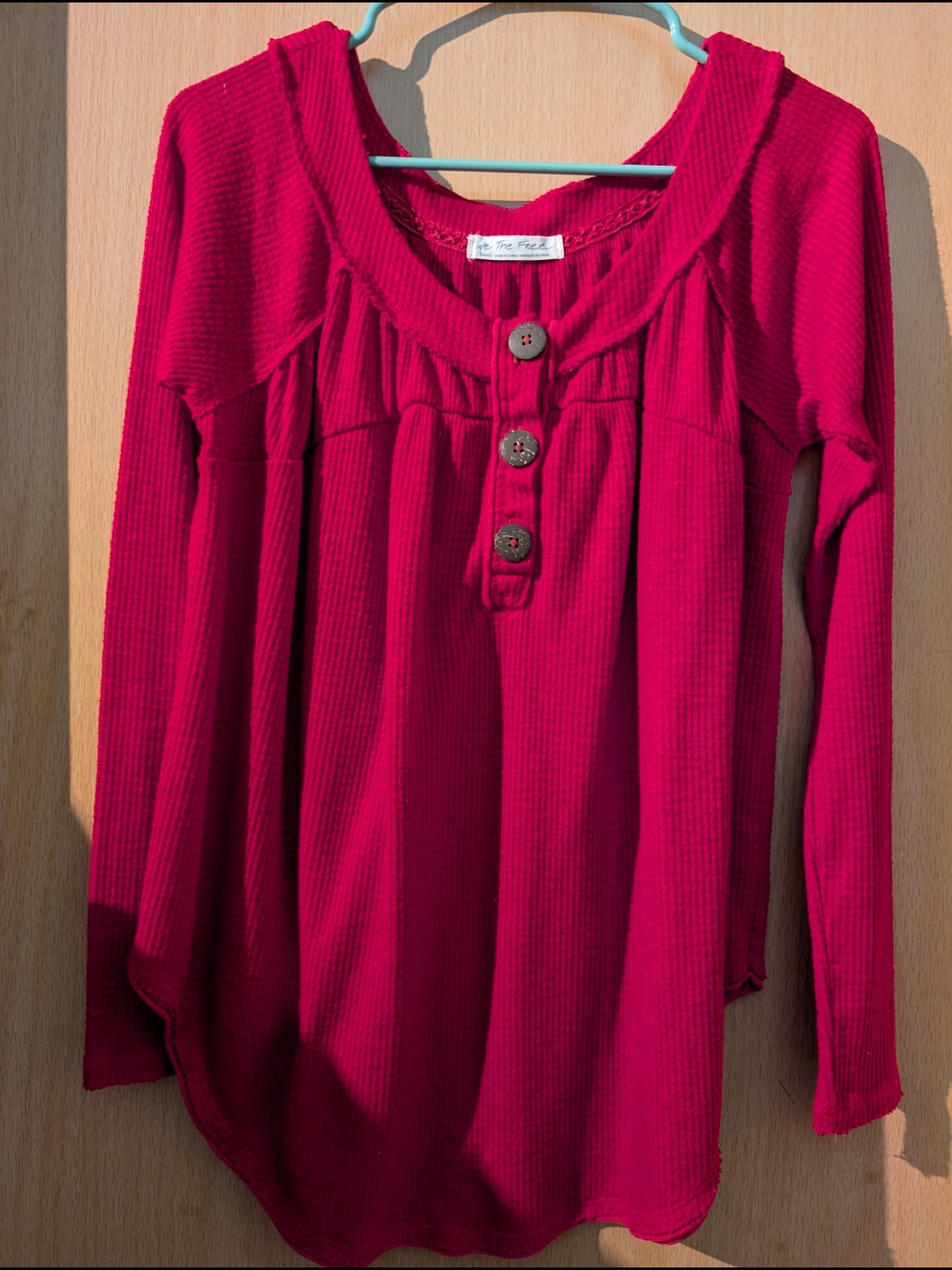 We The Free Raspberry Red Waffle Henley Long Sleeve Top